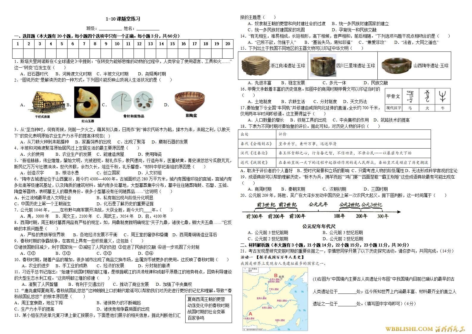 2024版七上历史1-10课期中模拟